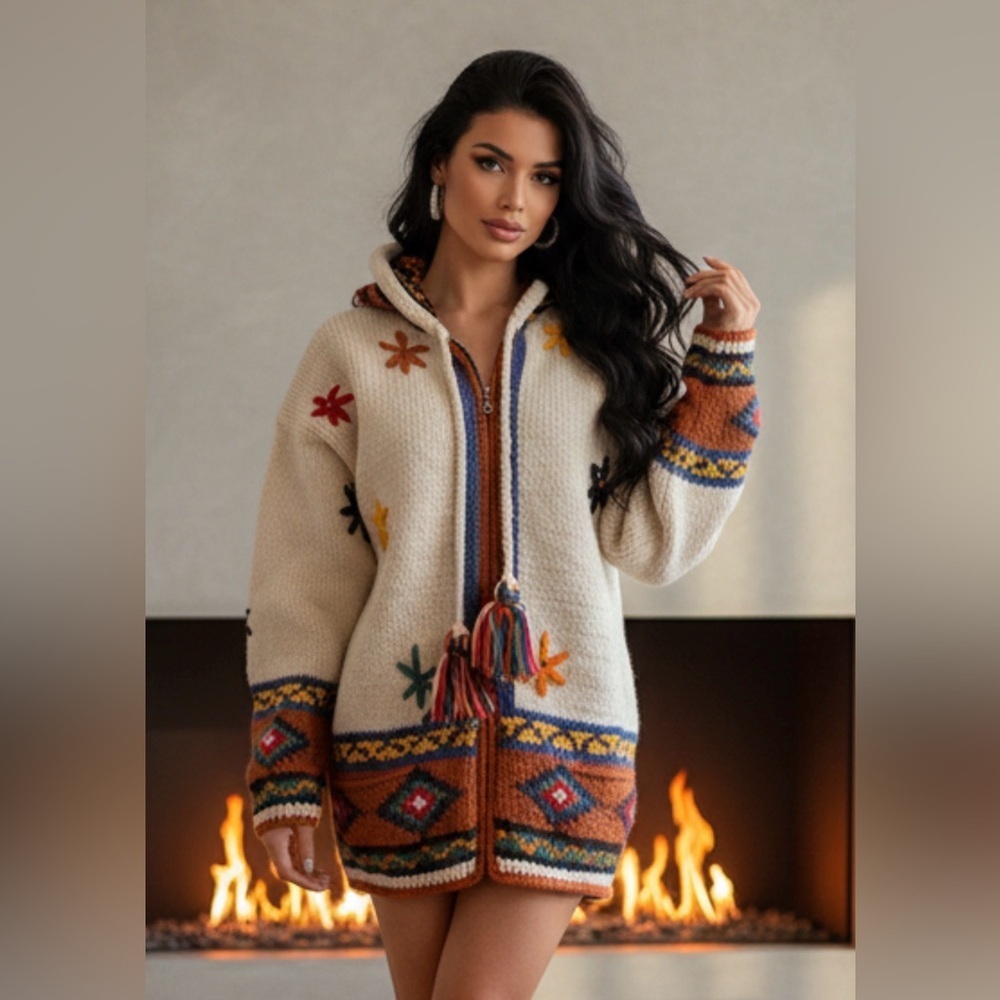 Very Rare Handmade Wool Embroidered Cream Cardigan with Multicolor Accents